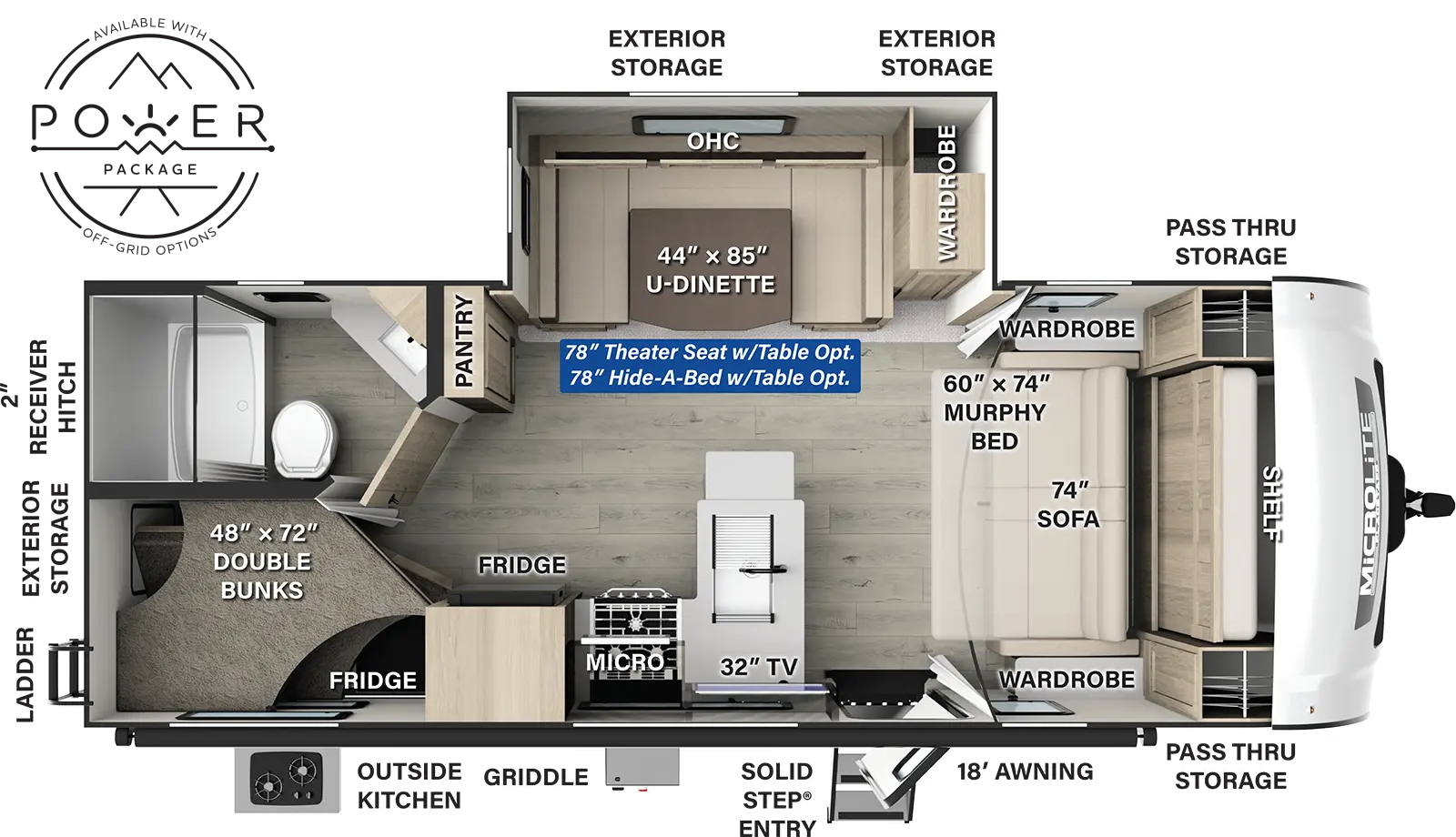 The Flagstaff Micro Lite 25BRDS floorplan has one entry and one slide out. Exterior features include: fiberglass exterior, 18' awning and outside kitchen. Interiors features include: bunk beds, u-dinette and murphy bed.